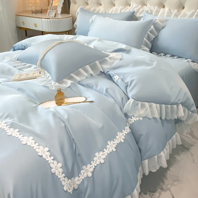 2025 New Arrival: High - End Ice Silk Bedding Set, Korean Style with Ruffles and French - Style Embroidery,for 1.2m - 2.0m Beds