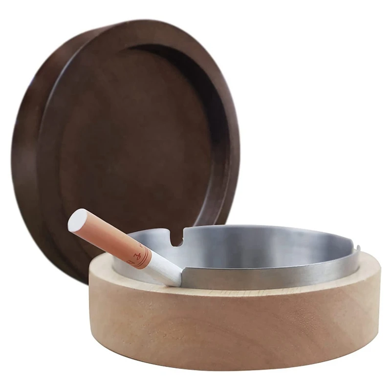 

3X Ashtray For Outside With Lid, Wind Ashtray For Outside Balcony, Ashtray Stainless Steel + Wood Odor-Proof Smoking -S