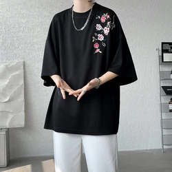 5 Colors Summer Flower Embroidery T-shirt Men's Loose Short-sleeved Casual Tee Shirt Couple O Neck Floral Oversize T shirt