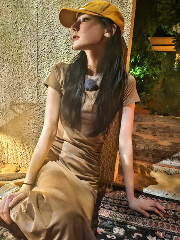 DiLirui Khaki Color Slim Fit Dress Women Summer New Irregular Drawstring Short Sleeve T-Shirt Dress Celebrity Inspired