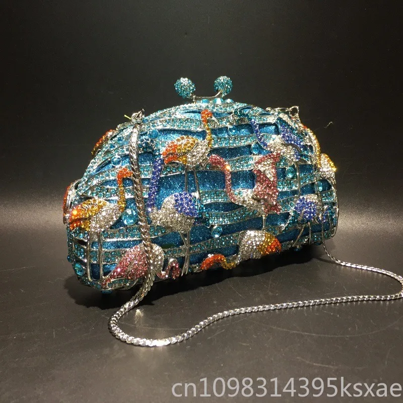 Elegant Evening Clutch in Lake Blue with Flamingo Crystal Rhinestone Embellishment for Party Wedding Bag