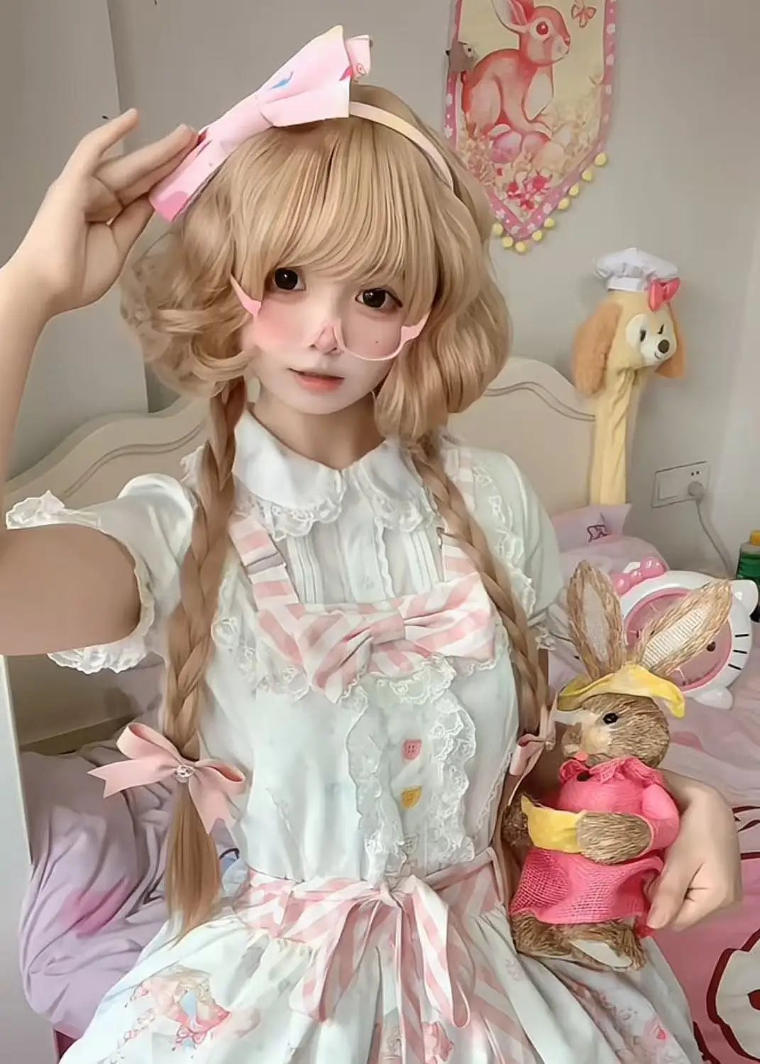 OLACARE Curly Long Wavy Pink Blonde Highlights Synthetic Lace Front Wig With Fluffy Bangs Suitable For Women Daily Use