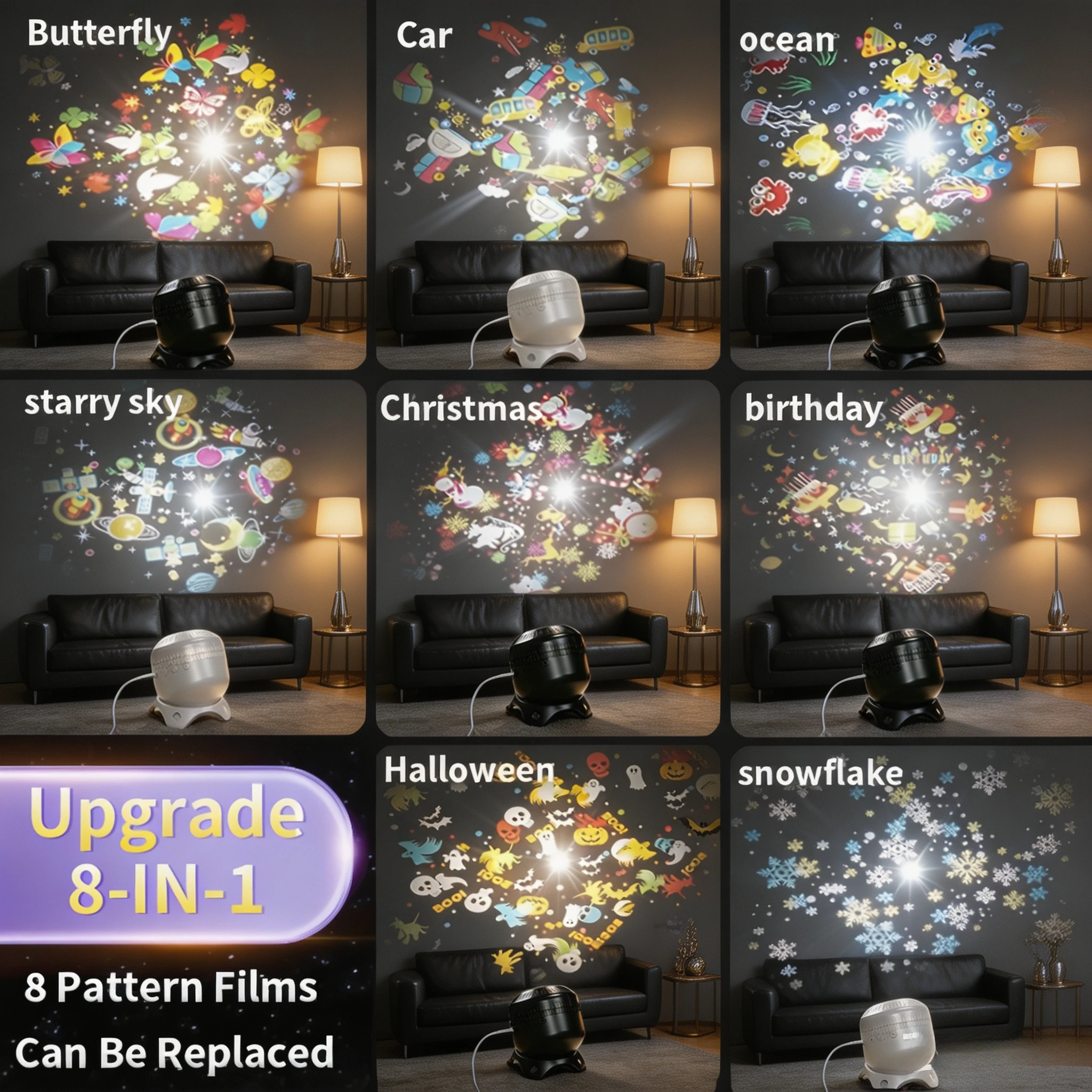 8 IN 1 360° Rotating Star Ocean Projector Light USB Powered Multi Pattern Projection Night Lamp for Holiday Home Decor Gifts