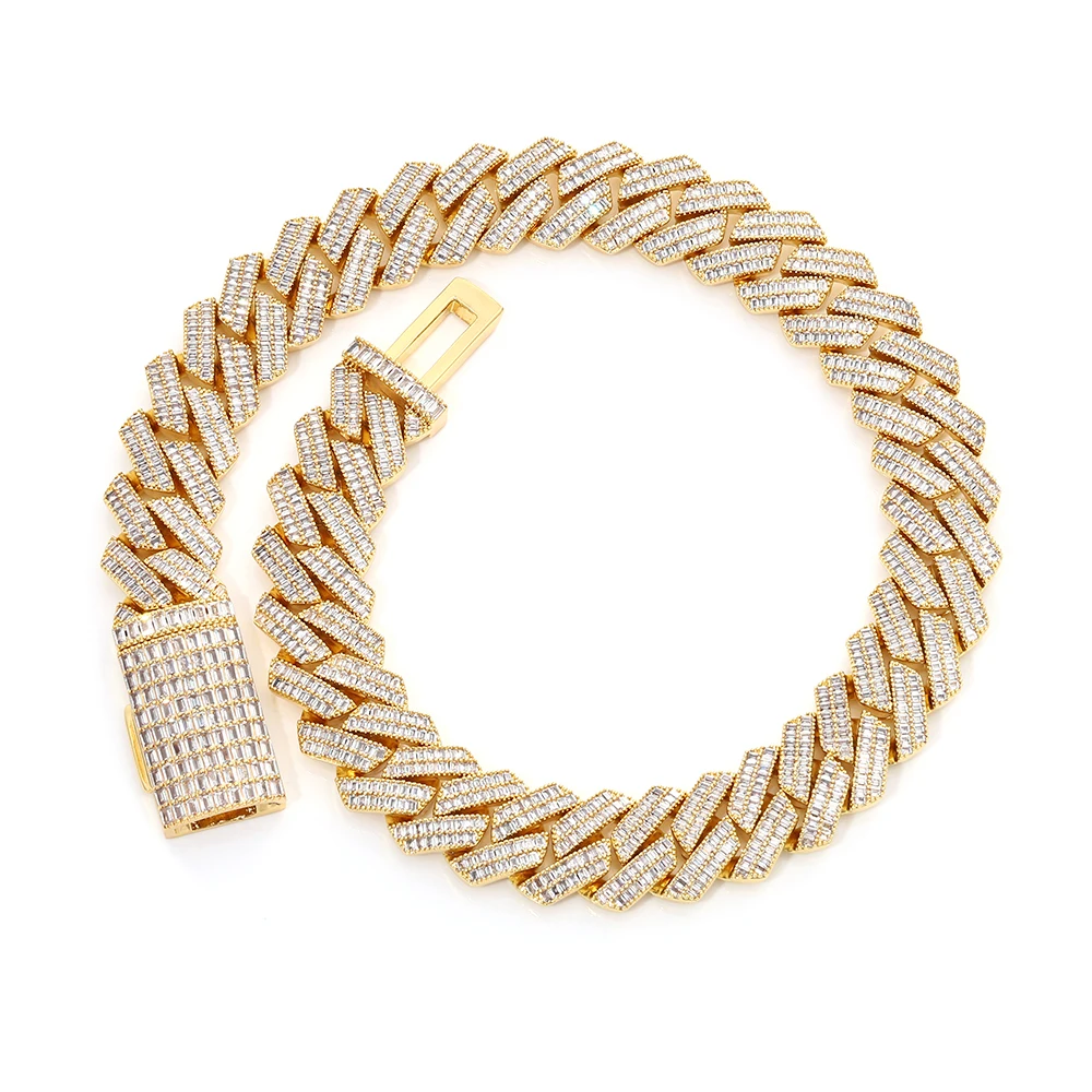 FLEXKING 20mm Width Baguette Cubic Zirconia Cuban Chain Necklace Iced Out Hip Hop Jewelry Cuban Link Bracelet Wholesale