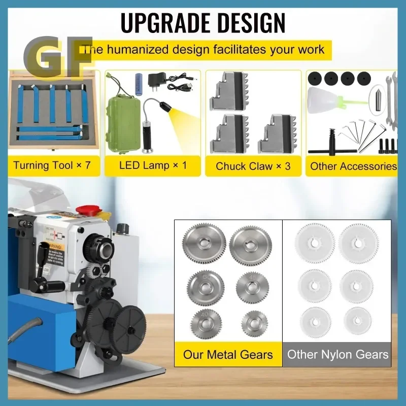 Mini Metal Lathe Machine 7"x14" Benchtop Digital Display 550W Variable Speed with 3-jaw Chuck for Metal Turning Threading