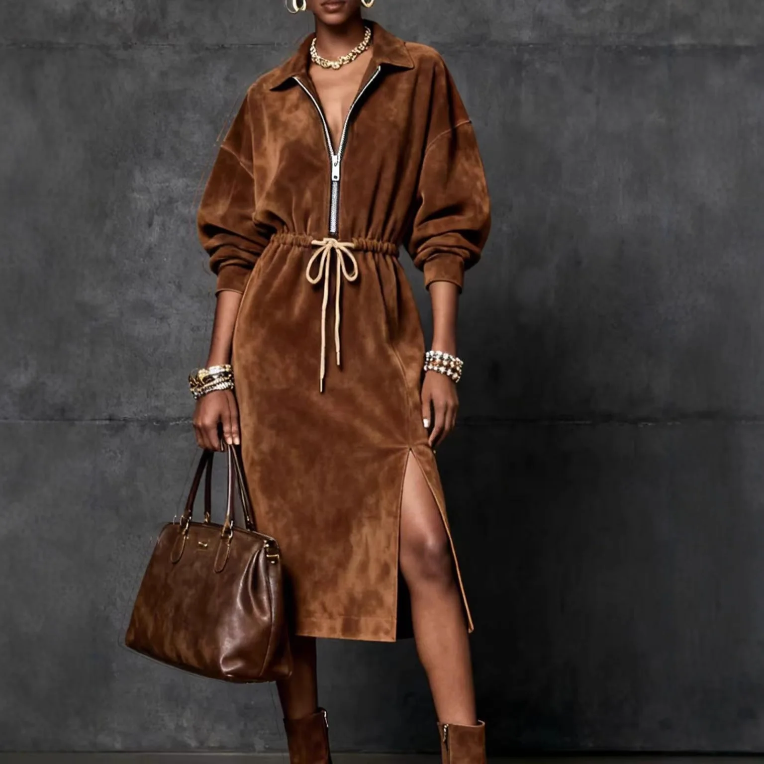 Damen-Kleid mit Kapuze, halber Reißverschluss, Kordelzug, solide Laternenärmel, Wildleder, Kunstleder, gerader geteilter Saum, lässiges Vintage-Midikleid