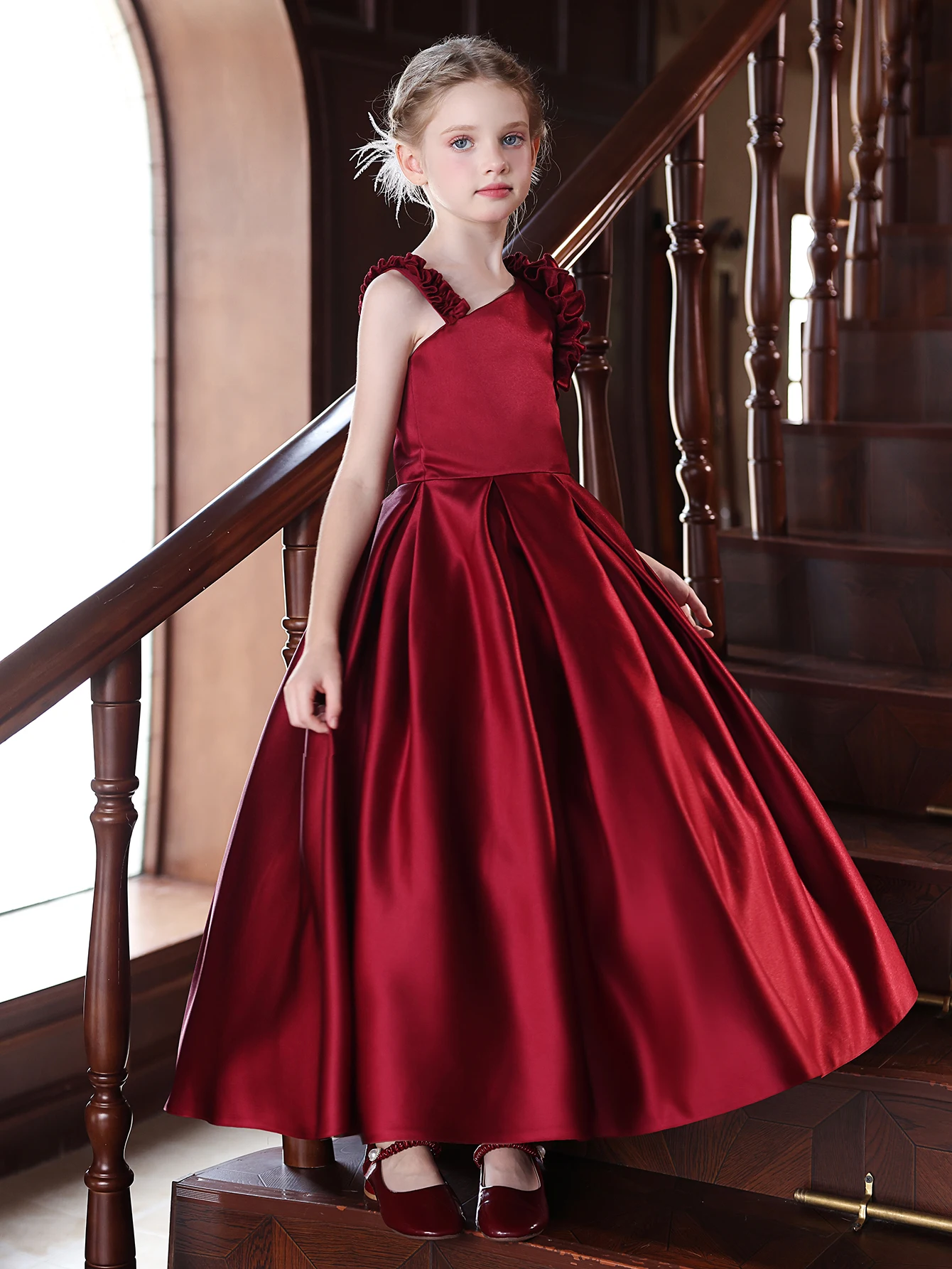 Elegant Red One Shoulder Backless Princess Dress For Girls Middle-Aged Children Evening Dress Party Performance Dress