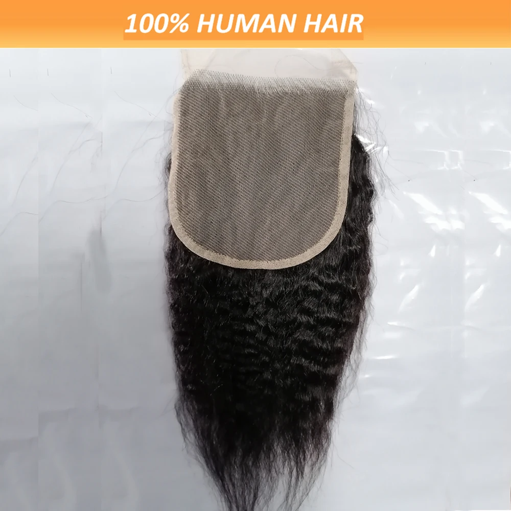 Kinky Straight Closure Human Hair Yaki Straight 22inch 4x4 | Lace Closure Free Part, Brazilian Virgin Remy Hair Transparent Lace