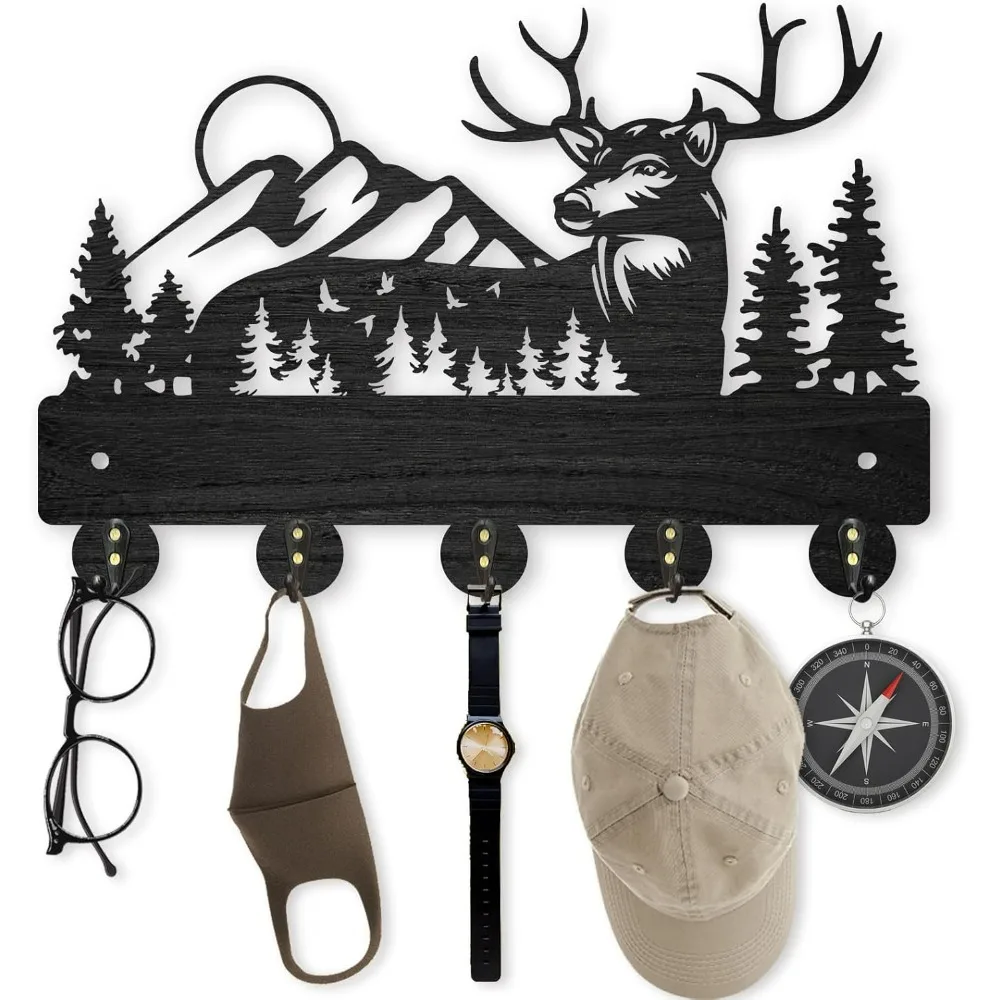 Deer Coat Rack Wall Mount 11.8×8inch Wood Forest Deer Key Holder Deer Mountain Wall Coat Rack Hooks Black Wooden Antlers Wall