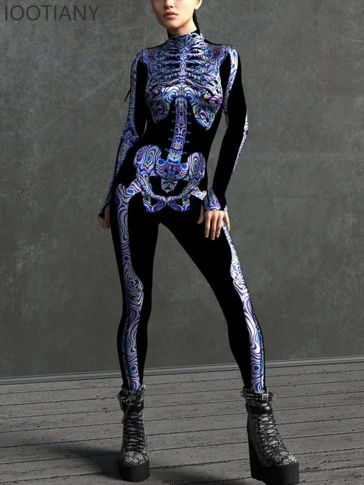 ハロウィン ホラー パーティー 女性のセクシーなマルチカラー スカル プリント ボディスーツ服ホリデー パーティー マスカレード ステージ パフォーマンス衣装