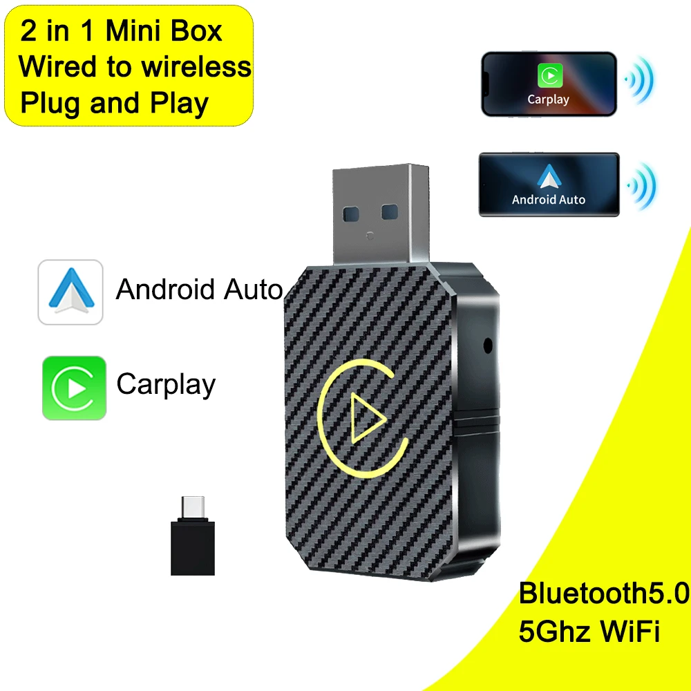 2in1 Wireless CarPlay Android Adapter Wireless Adapter 5Ghz WiFi Type-C/USB Plug & Play Carplay Wireless Adapter Auto Connect