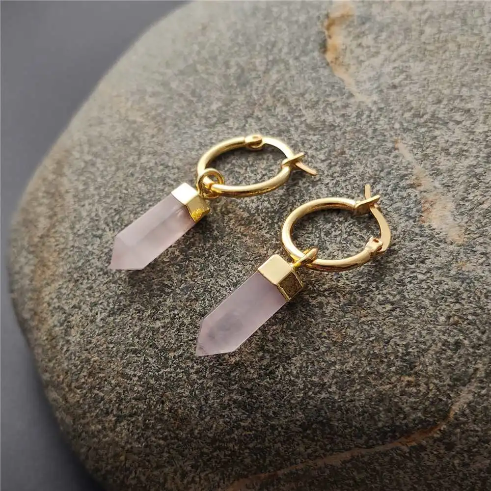 FUWO Wholesale Natural Rose Quartzs Point Earring,Golden Plated Handmade Bullet Shape Crystal Jewelry For Women 5Pairs/Lot ER119