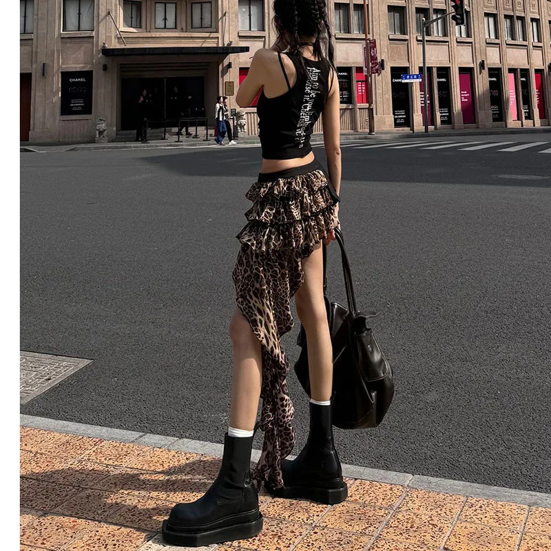 Design Sense Spice Girl Short Casual Fashion Joker Irregular Cake Skirt Splicing Millennium Leopard Chiffon Short Skirt Women