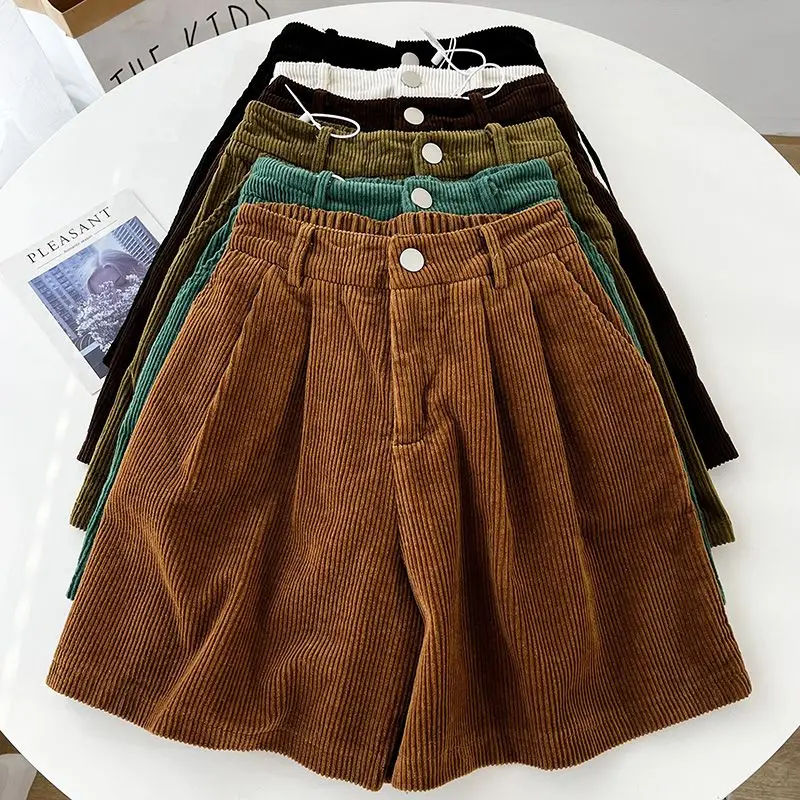 2023 Autumn/Winter Oversized Fat mm Corduroy Shorts Women\'s High Waist Outwear Slim A-line Casual Wide Leg Trousers