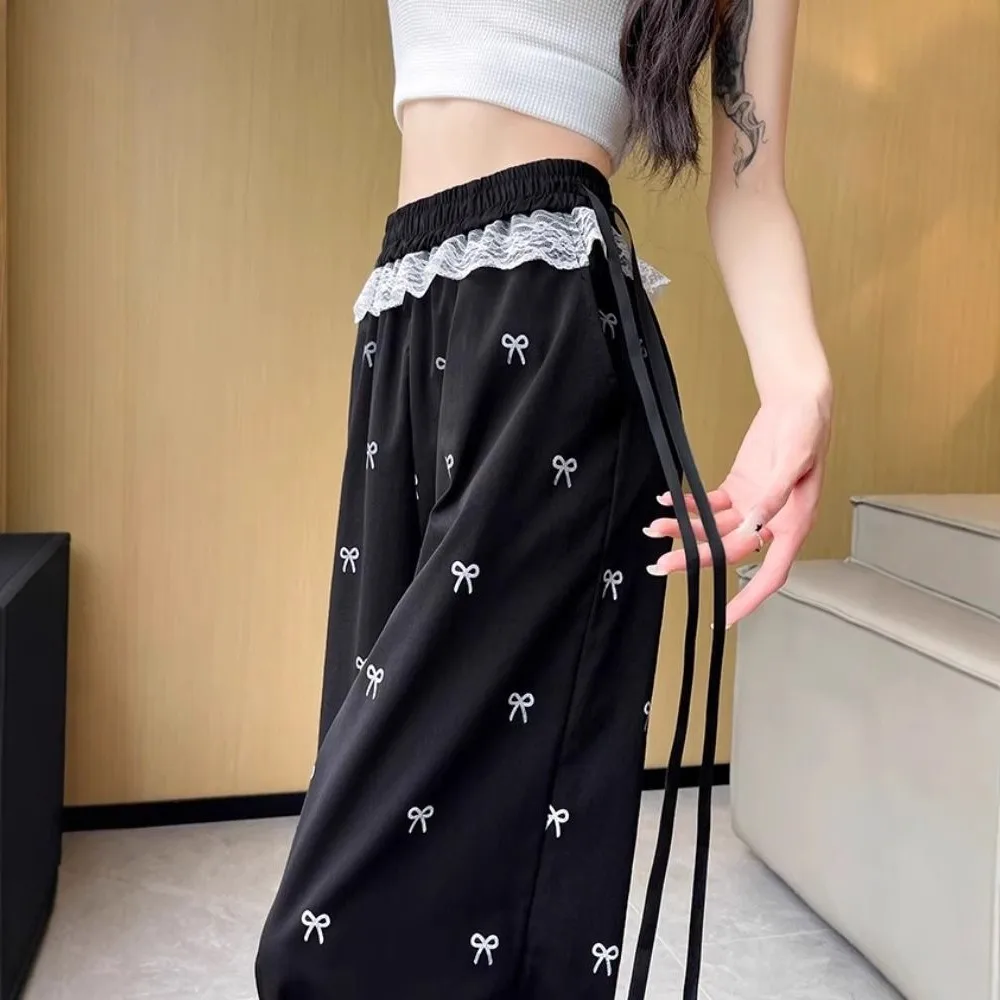 Süße und würzige Mädchenhose mit Spitzenbesatz, lässige Hose mit Schmetterlings-Schleife, lockere Damen-Hose mit weitem Bein, gerade geschnittene Hose – Detail 2