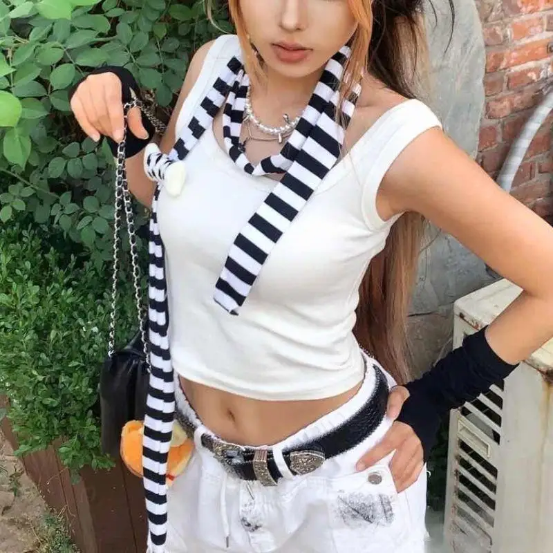 

180cm Retro Striped Neck Scarf Thin Neckerchief Harajuku Women Long Scarves Y2k Streetwear Black Grey Stripe Decorative Scarf