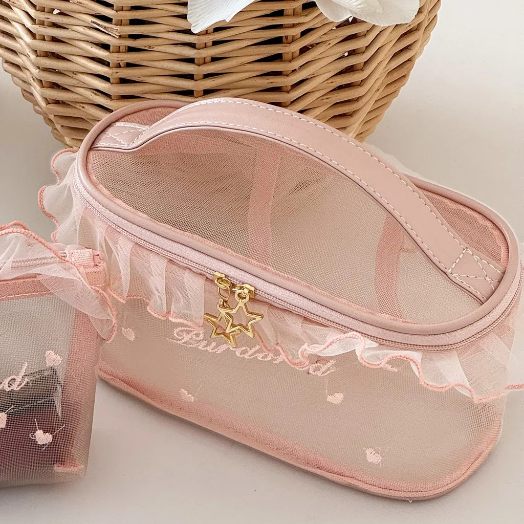 Handheld Makeup Pouch Ultra Lightweight Hollow Out Makeup Bag Lipstick Storage Bag Hollow Out Mesh Cosmetic Bag For Daily Women