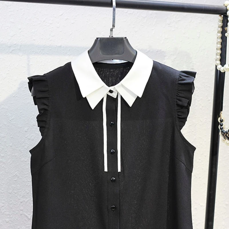 Double Layer Turn-down Collar Contrast Color Blouse Women Ruffles Sleeveless Single Breasted Shirts Chic Chiffon Summer Top