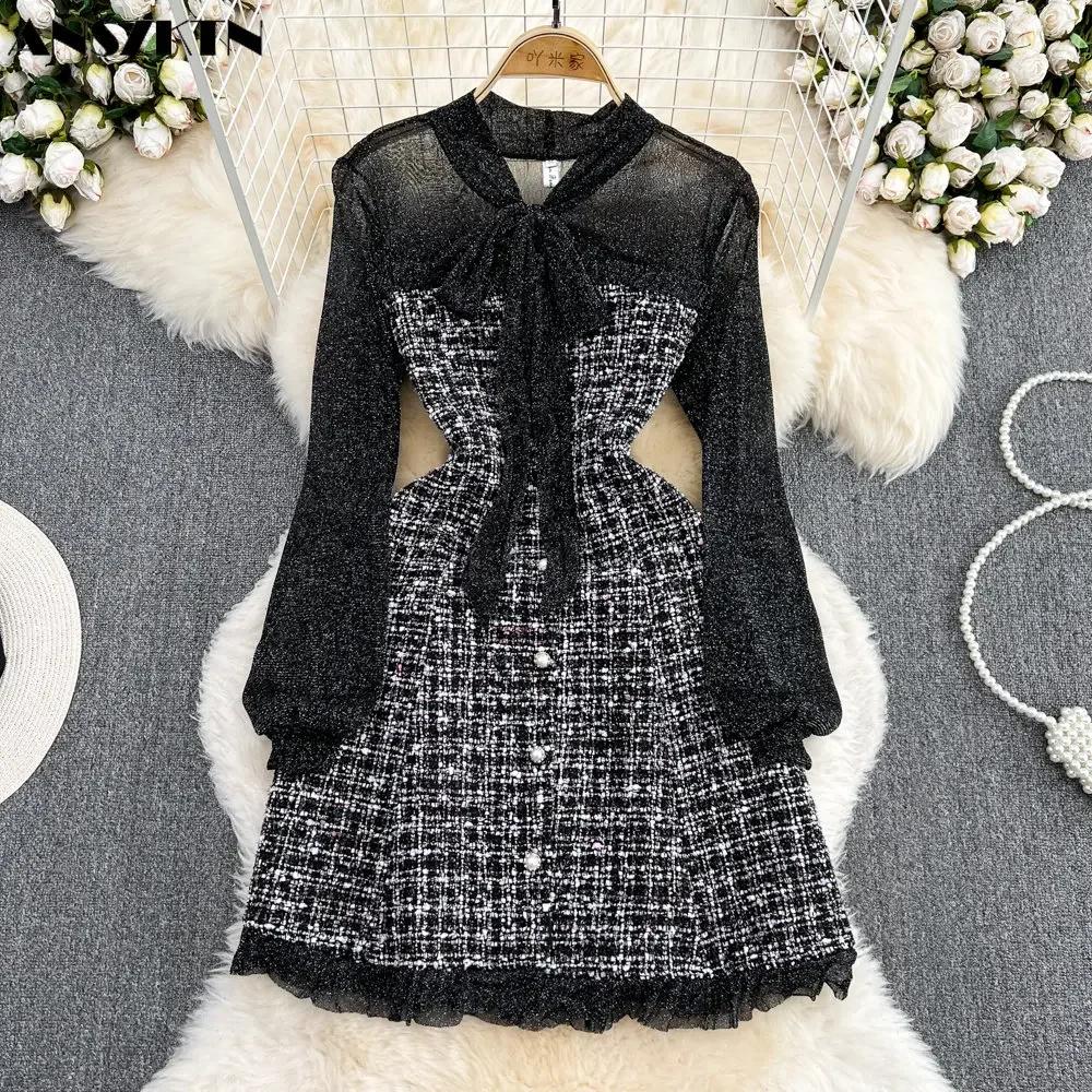 Autumn Small Fragrance Temperament Bow Tie Tie Tweed Lattice Dress