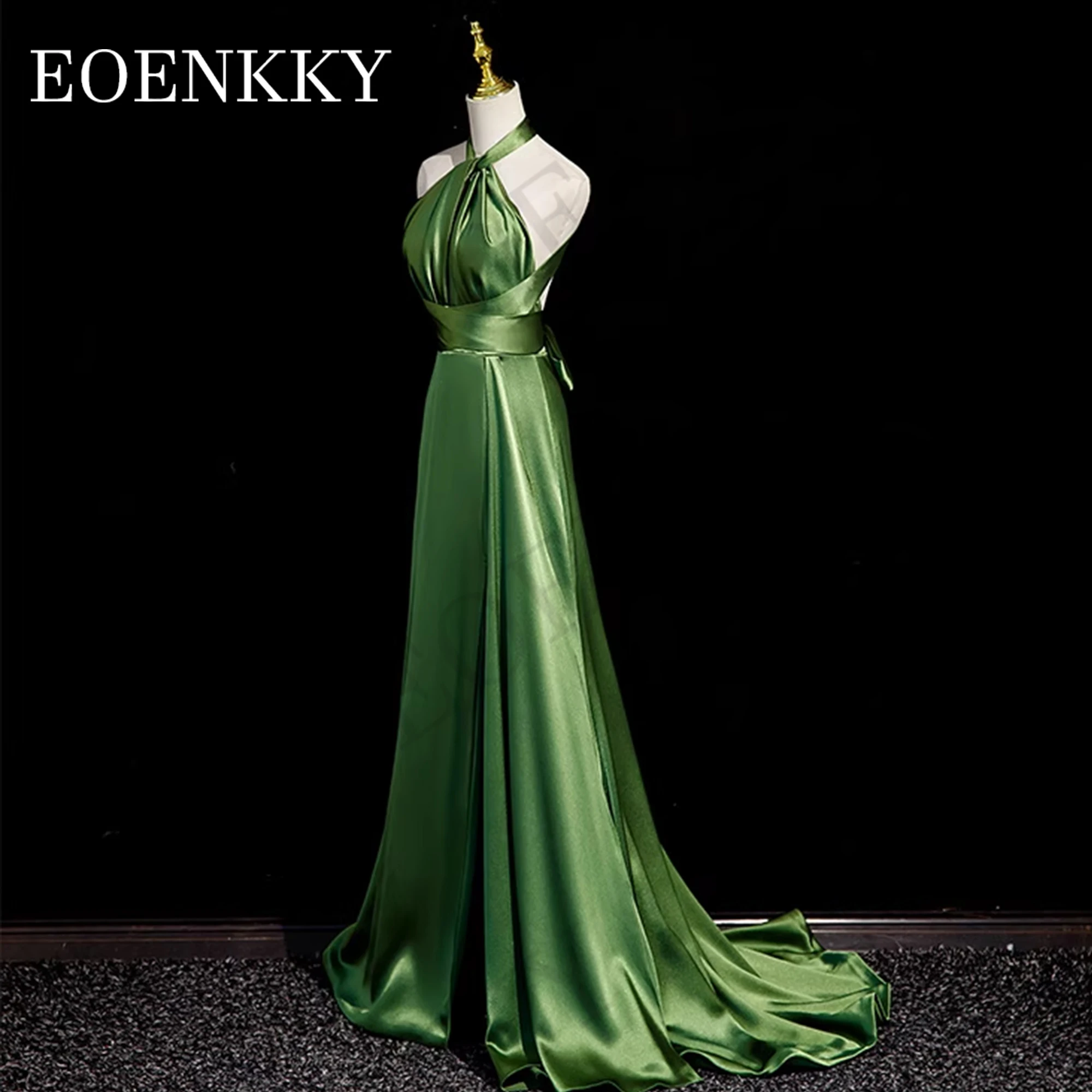 Robe de Soirée de Luxe en Satin Vert, Élégante, Dos aux, Fendue, Ligne A, Nministériels d, 2024 Green Halter Satin Prom Dress  Elegant Backless Split Evening Dresses  A Line Bow elegant luxury evening dress 2024 Sleeve