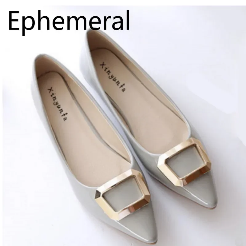 Kobieta Vintage Pointy Toe Plus Size 33-48 Flat Heels Women Metal Buckle Slip-Ons For Party Stiletto Lovely Shoes Grey Red Beige