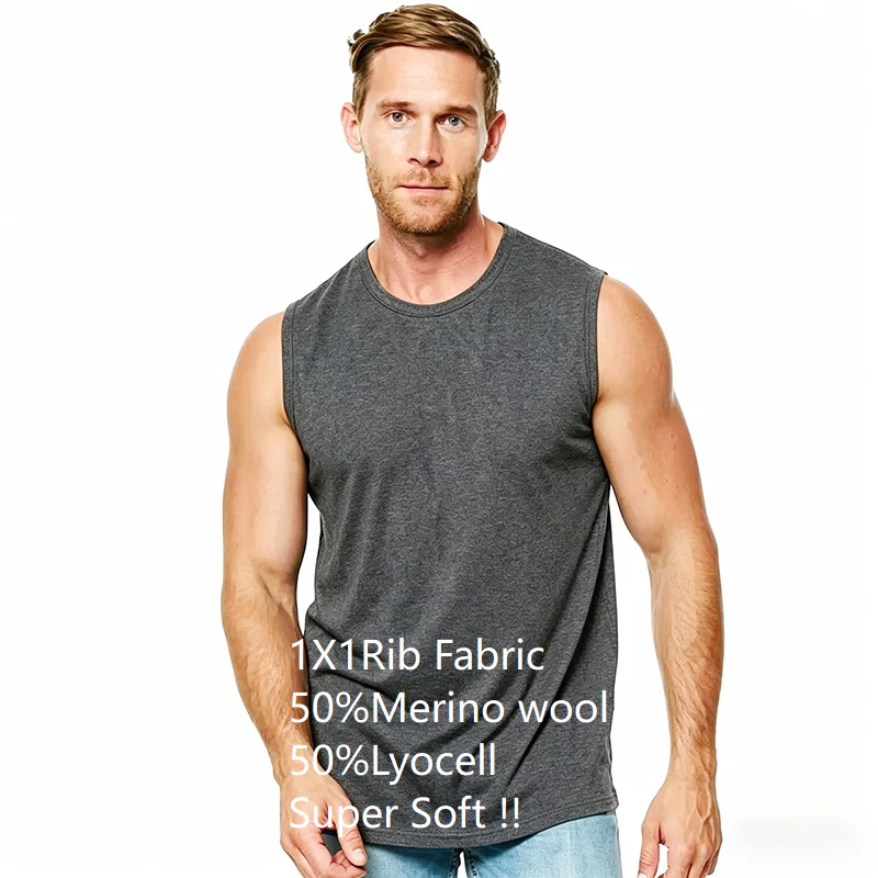 Men's Merino Wool Tencel Tank Top Sleeveless Shirt Soft next to Skin Comfortable Outdoor Base Layer