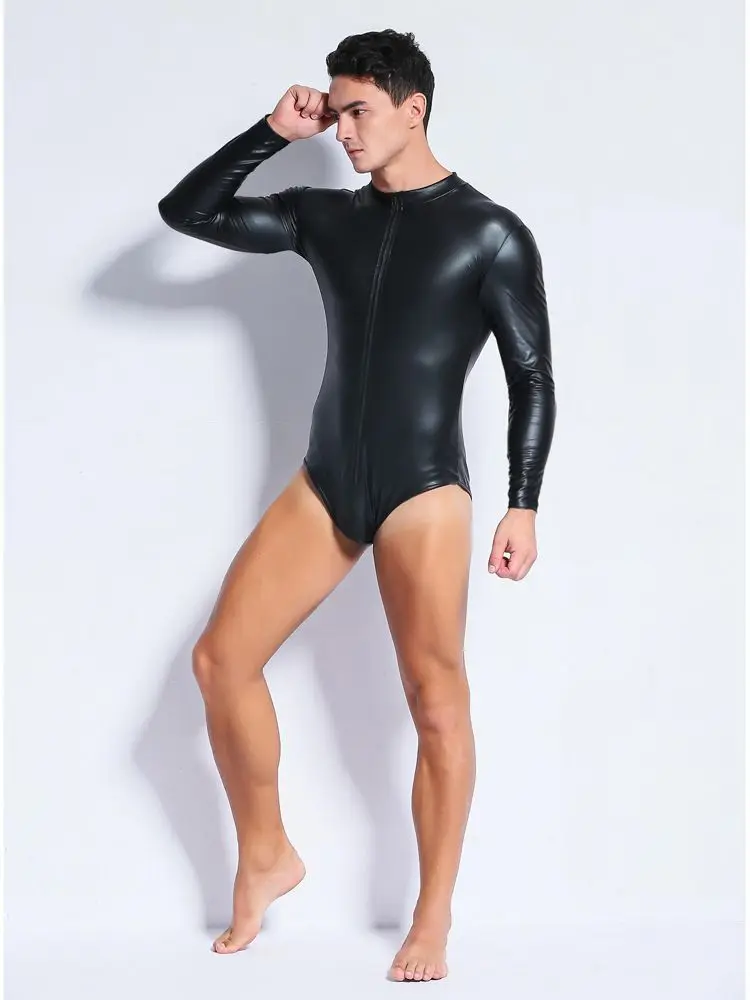 Long Sleeve Shiny PU Leather Bodysuit Zipper Hot Shapers Men Body Tops Shirts One Piece Gothic Tights Clubwear Tshirt Leotard