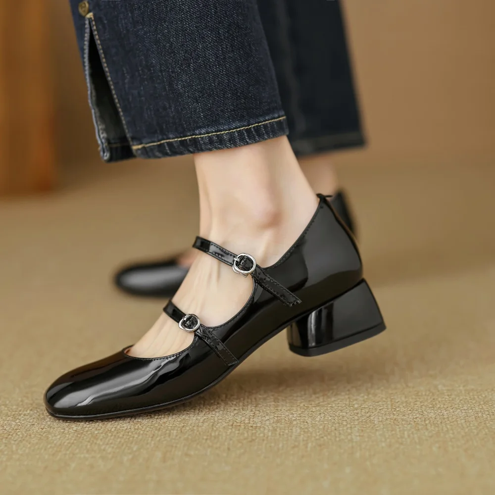 Taoffen Casual Mary Janes Pumps Women Spring/Autumn Square Toe High Heel Fashion Buckle Strap Square Heel Patchwork Office Shoes