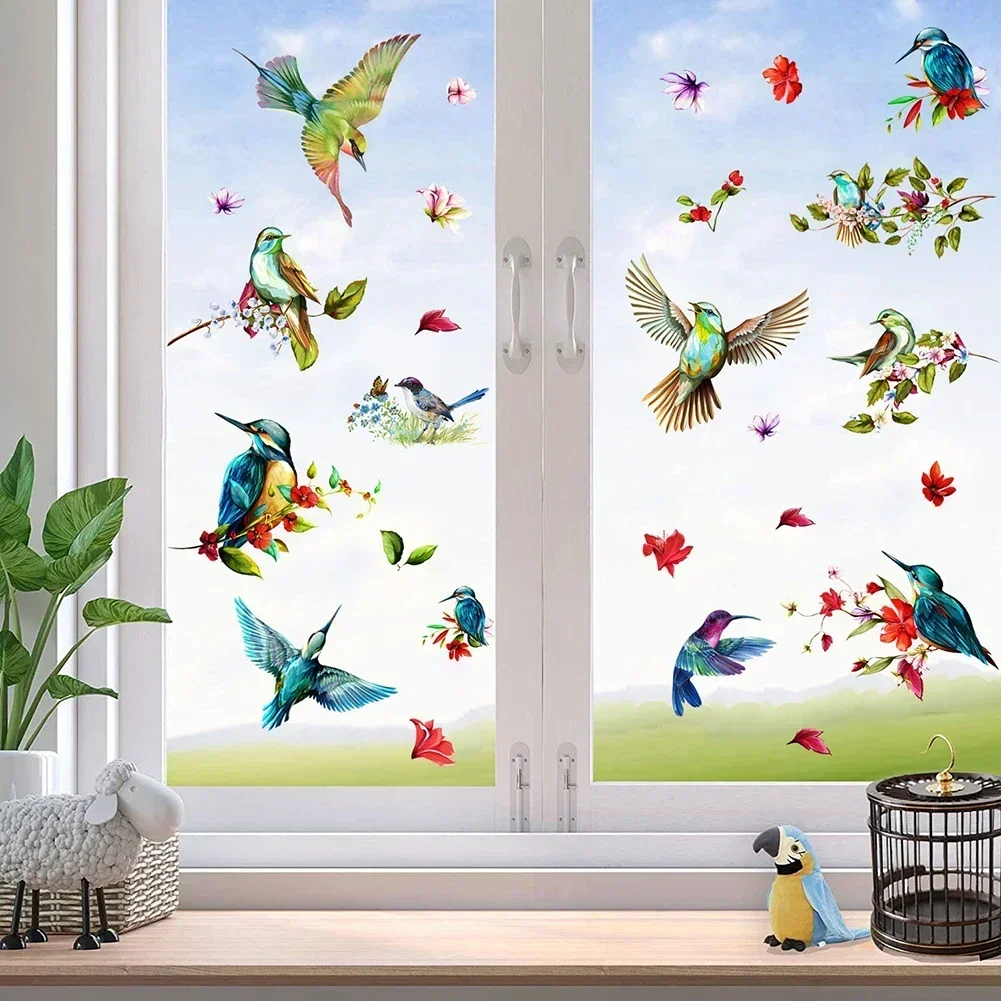 Color Hummingbird Window Clings Removable Adhesive Vinyl Stickers Glass Decals Children Bedroom Decoration Birds Wall Sticker