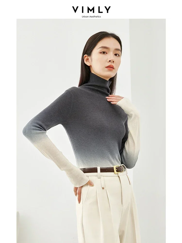 Vimly Gradient Pullovers Turtleneck Sweater Knitted Long Sleeve T-shirt for Women 2023 Winter High Strecth Basic Sweaters 16516