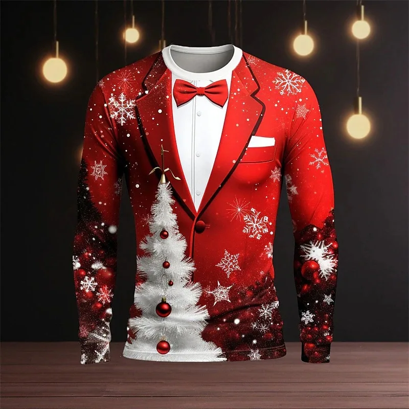 2024 Fun Christmas Print men\'s T-shirts Fake Suit Tie 3D Printed Round Neck T-shirt Street Casual Harajuku men\'s Pullover Tops