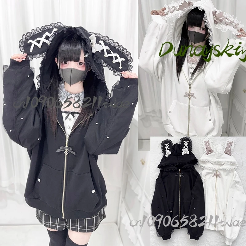 Bunny Hoodie Hoodies Y2K Rabbit Ear Hoodie Lolita Jacket Bow Girls Pearl JK Japan Lace Kawaii Zipper Cardigan Long Sleeved Top