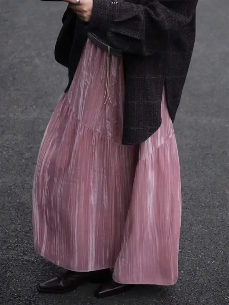 

2025 Autumn And Winter New Style Slimming And Stylish Sweet Pleated Long Skirt With Hundred Pleats High Waist Pink Half Skirt