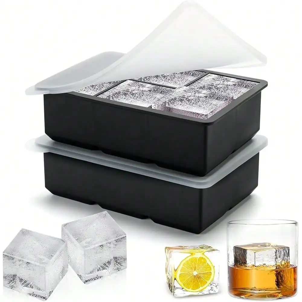 

Silicone Ice Cube Tray, Easy Release Flexible Silicone Freezer Mold With Removable Lid, 2PCS Of 6 Large Ice Cubes Tray For Whisk