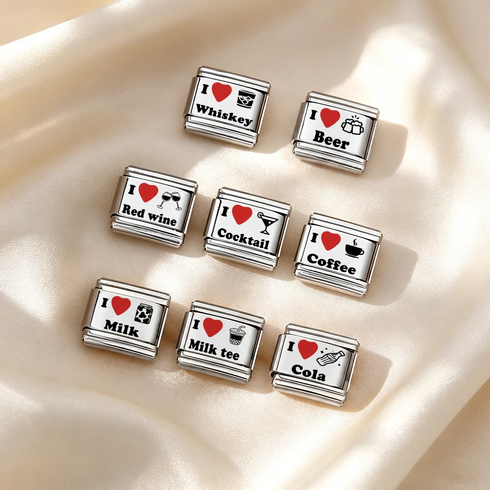 URING Lasergravierter „I Love Drink Coffee Italian Charm“-Anhänger für 9mm Edelstahl DIY Perlenarmband Schmuckzubehör – Detail 3