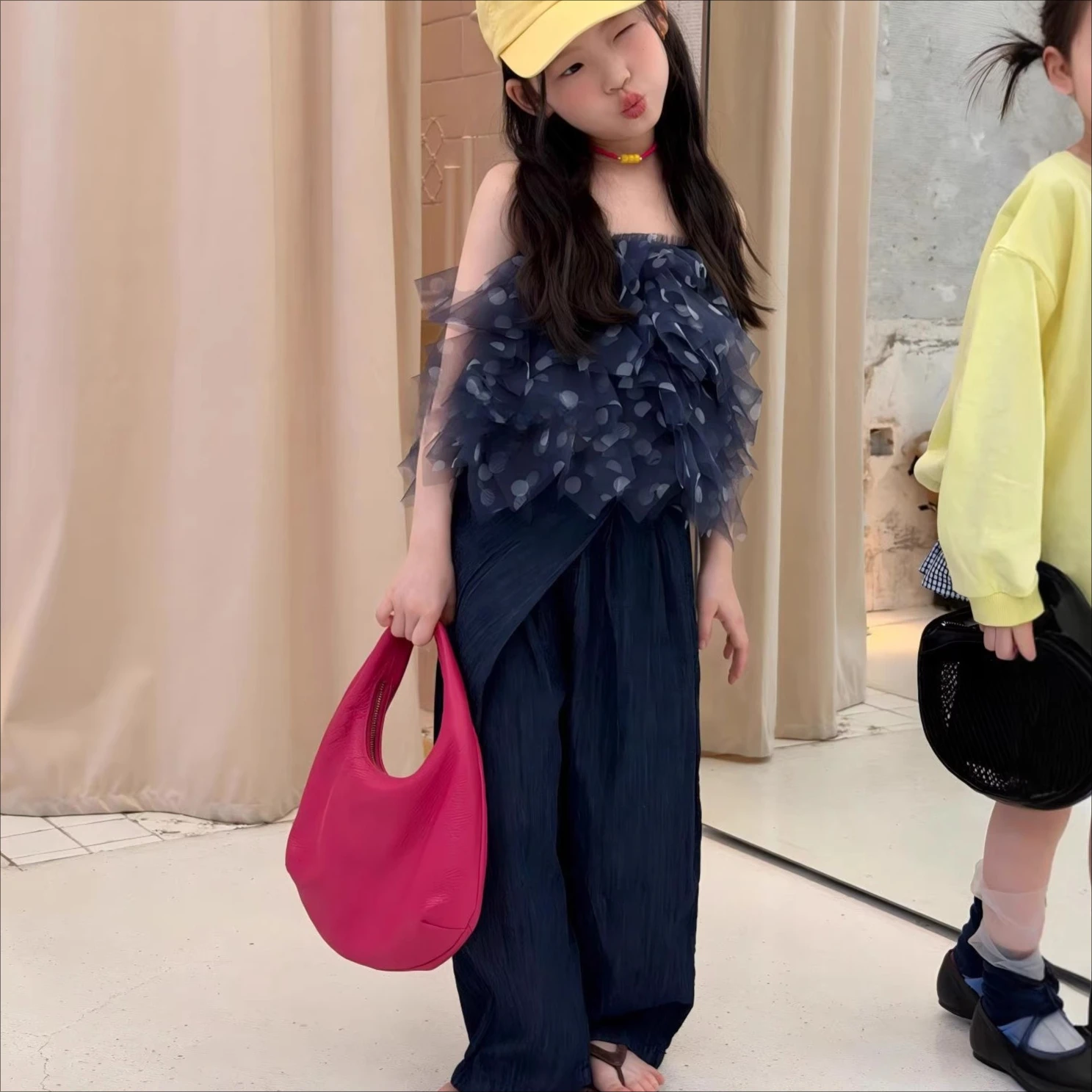 

Girls Set 2026 Spring and Summer New Childrens Wear Korean Girl Baby Polka Dot Suspender Mesh Irregular Pants Two-piece Set