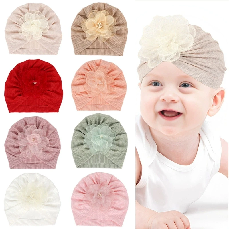 Gorro de gasa con flores para bebé, turbante con flores para el pelo para recién nacido, gorro indio liso encantador, accesorios para el cabello para niños pequeños
