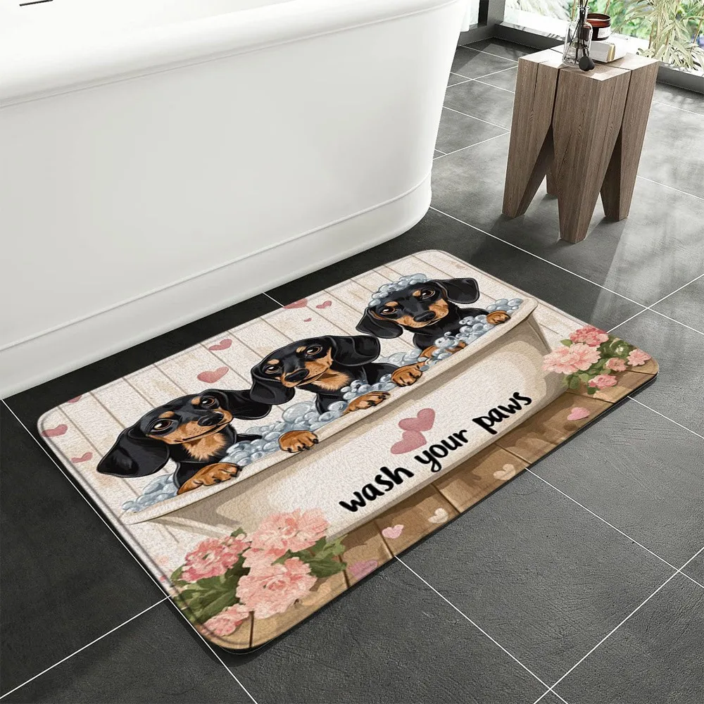 Dachshund Dog Bath Mat Adorable Puppies In Bathtub Print Non-Slip Flannel Rug For Bathroom Kitchen