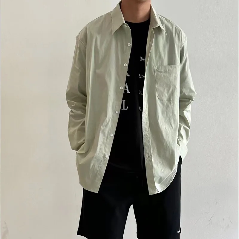 

Casual Long Sve Single Button irt Men's Pure Color Small Collar Versatile Outerwear Spring 2023 Loose Fit Youth Faion