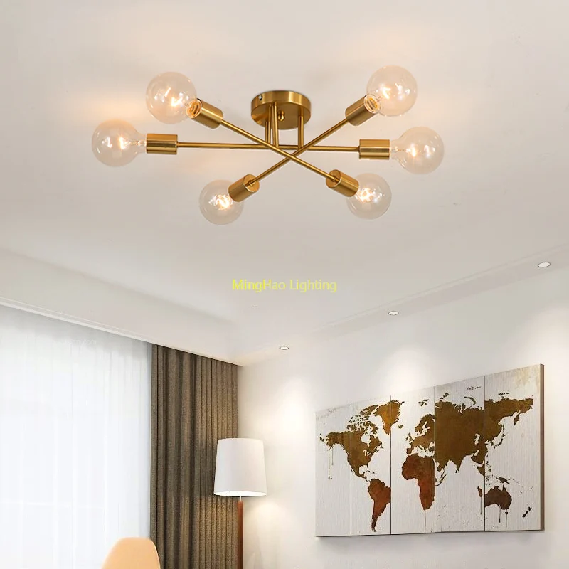 Imagem -02 - Moderno Lustre Interior Nórdico Semi Flush Montar Lâmpada do Teto Escovado Antigo Ouro Decoração para Casa Dispositivo Elétrico de Iluminação