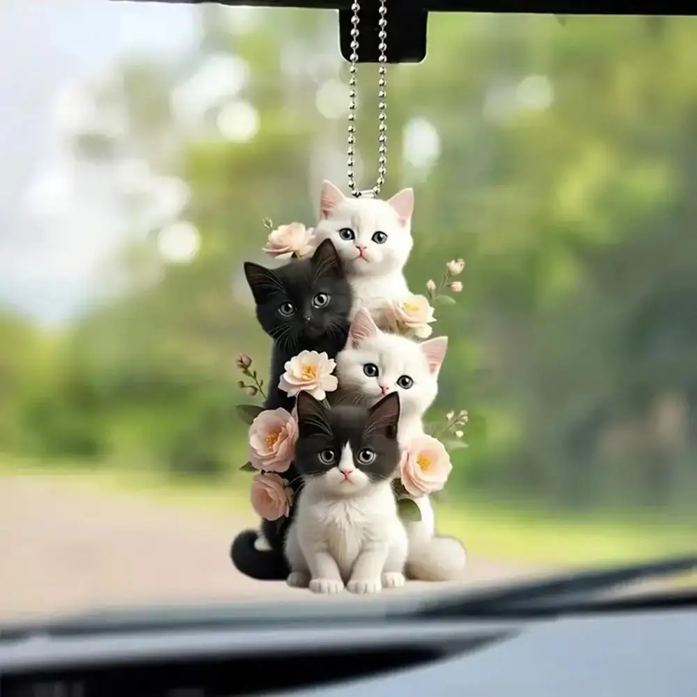 Cat Animal Pendant Hanging Ornament with Lanyard Easy to Hang 2D Flat Adorable Animal Rearview Mirror Ornament