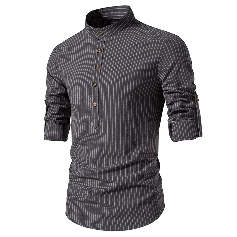 Mens Roll Sleeve Solid Button Up Dress Shirts Stylish Striped Henley Shirt Men Work Business Casual Clothing Camisas Hombre XXL