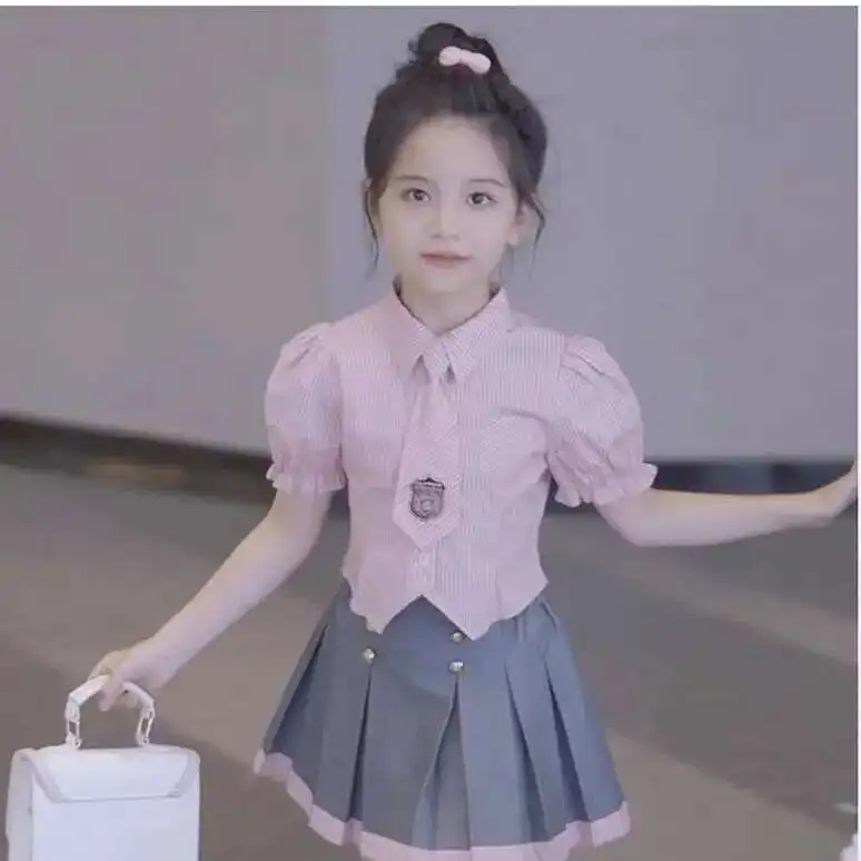 

New Teenage Clothing Suits, Baby Girls Fashion Summer 2 Piece Sets, Pink Striped Blouse + Pleats Skirts 4-12 T