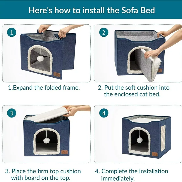 Cat Beds For Indoor Cats - Large Cat Cave For Pet Cat House With Fluffy Ball Hanging And Scratch Pad, Foldable Cat Hideaway, 16.5x16.5x13 Inches, Grey 3 Cat Beds For Indoor Cats - Large Cat Cave For Pet Cat House With Fluffy Ball Hanging And Scratch Pad, Foldable Cat Hideaway, 16.5x16.5x13 Inches, Grey 3