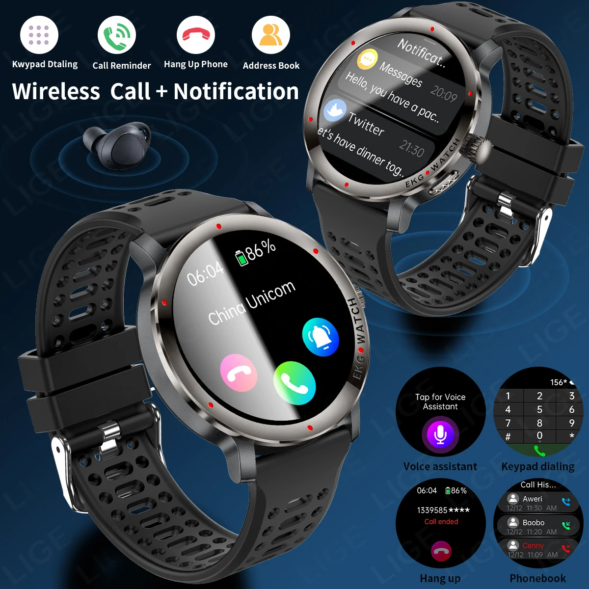 LIGE New Accurate Body Health Analysis Smart Watch Men ECG Uric Acid Heart Rate Body Fat Voice Assistant BT Call Men Smartwatch