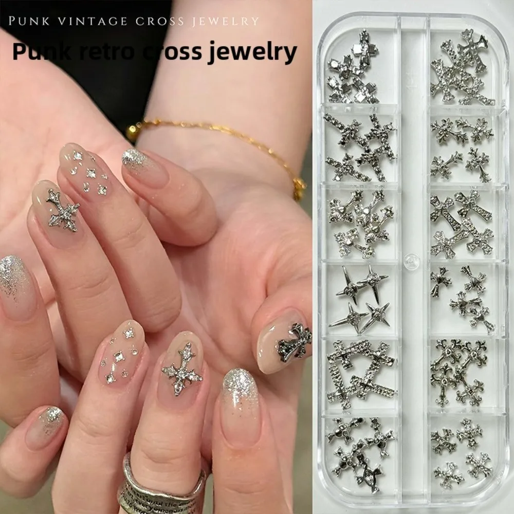 Punk-Style Metall-Nagelcharms Retro Silber Kristall Kreuz Sterne Nageldekorationen für DIY Nagelkunst Maniküre Design Zubehör – Detail 4