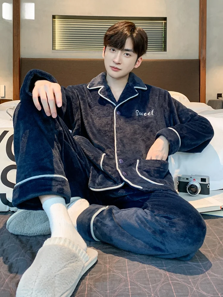 Pijamas de Inverno Masculinos Forrados com Tecido Quente Conjunto de Roupas para Casa Outono Inverno Veludo Coral Tamanho Juvenil