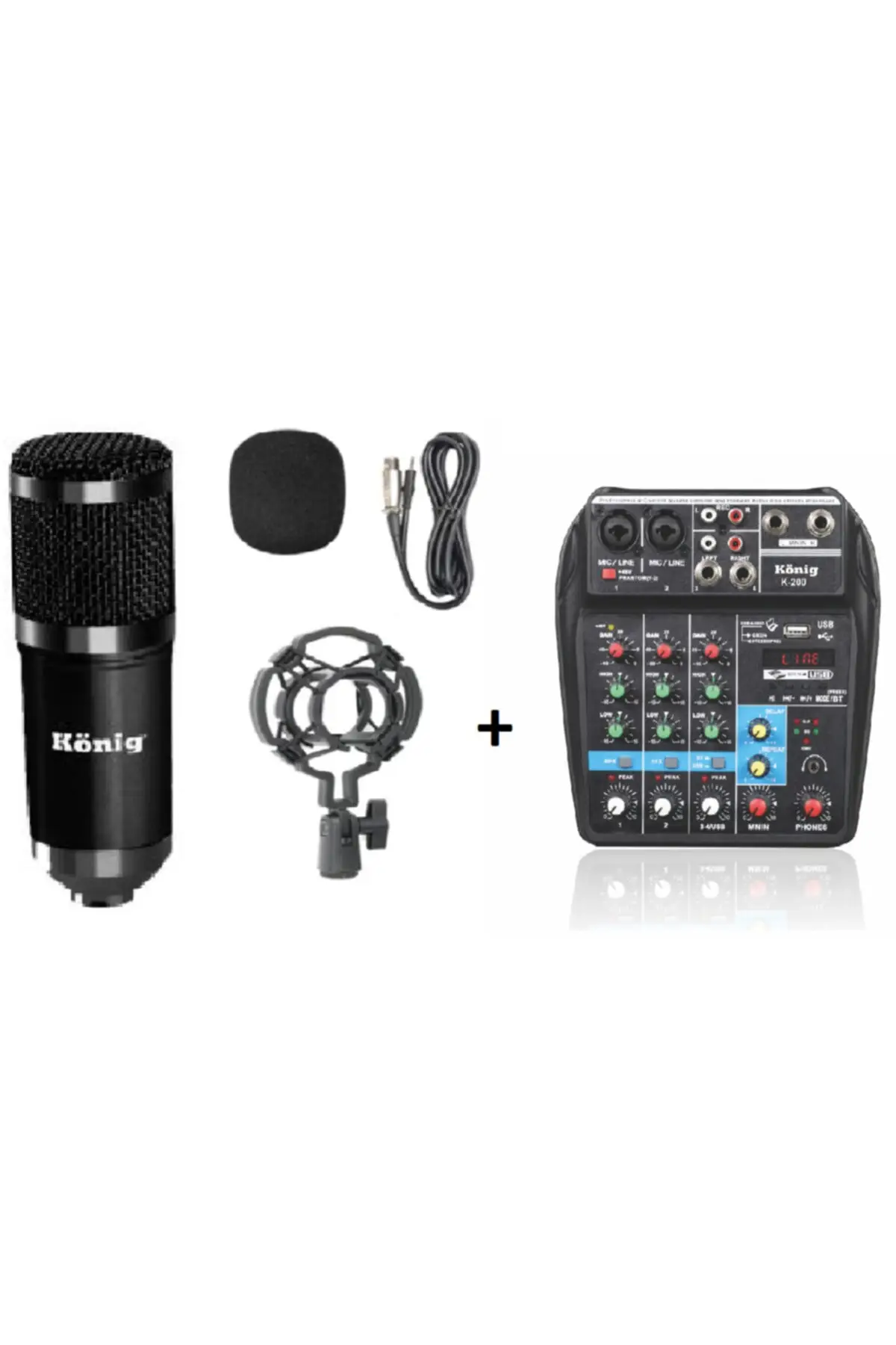 Studio Microphone + Mixer Set 2 xlr input usb bt echo LED DISPLAY cable + holder + sponge filter included