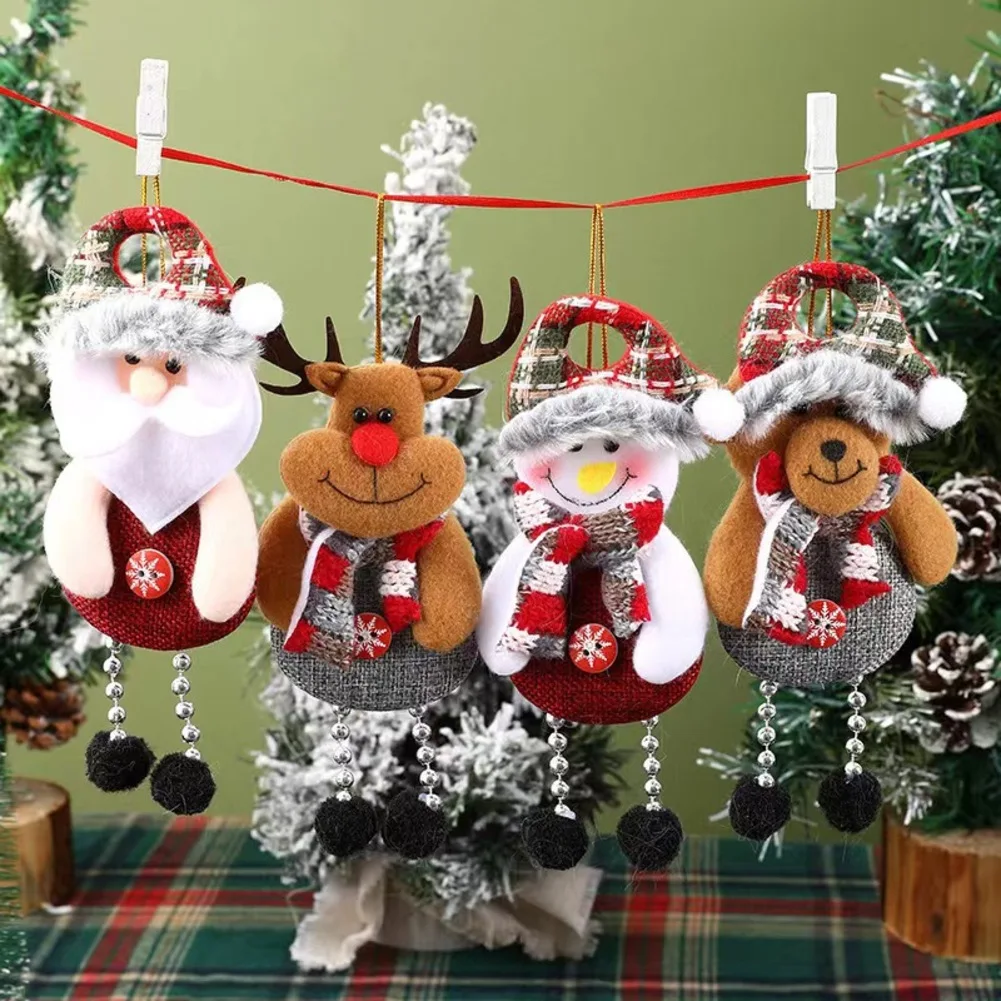 4pcs Christmas Tree Hanging Fabric Dolls Pendant Set with Snowman Deer Bear and Elderly Button Ornaments for Holiday Decoration
