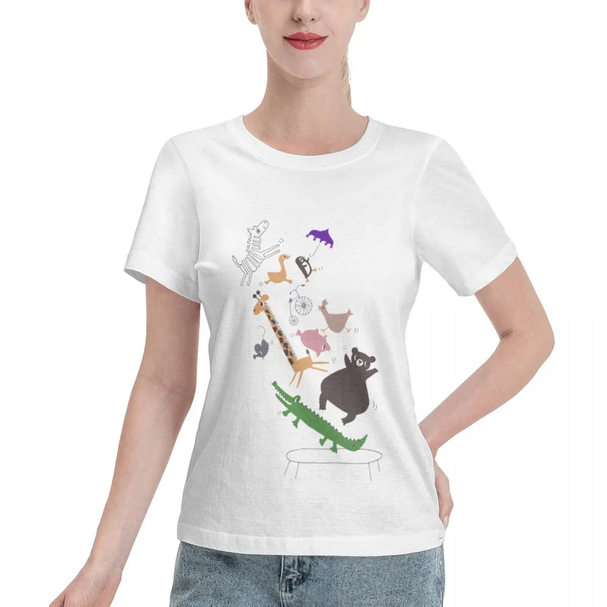 Oversized Option Jumping Animals Women's T-shirt Weekend Look Home Casual Tee